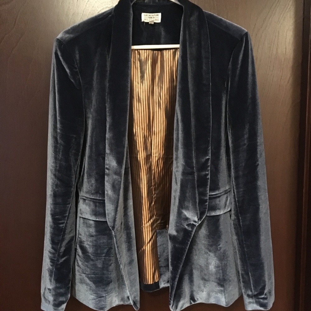 blue slim Kravitz long velour blazer 3button